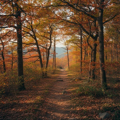 Hiking trail through autumn forest with dappled golden sunlight
