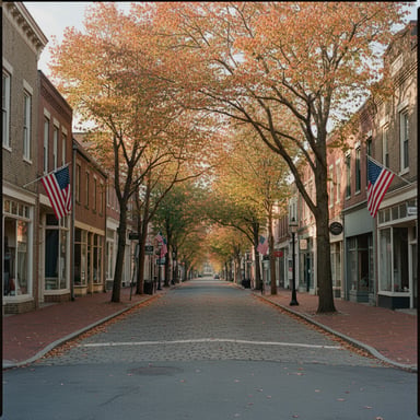 Historic small-town Main Street with brick storefronts and autumn trees