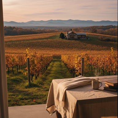 Vineyard rows on rolling hillside with mountains in the distance at golden hour