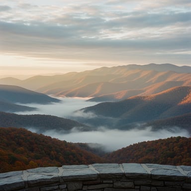 Skyline Drive overlook with layered Blue Ridge mountains at sunrise