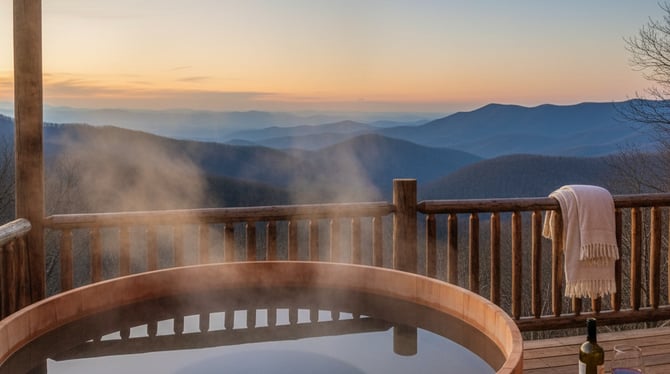 Private hot tub on a cabin deck with steam rising and Blue Ridge mountain views at twilight